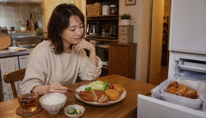 自宅の食卓でフライを食べながら、冷凍庫に残った別の種類を見ている人。