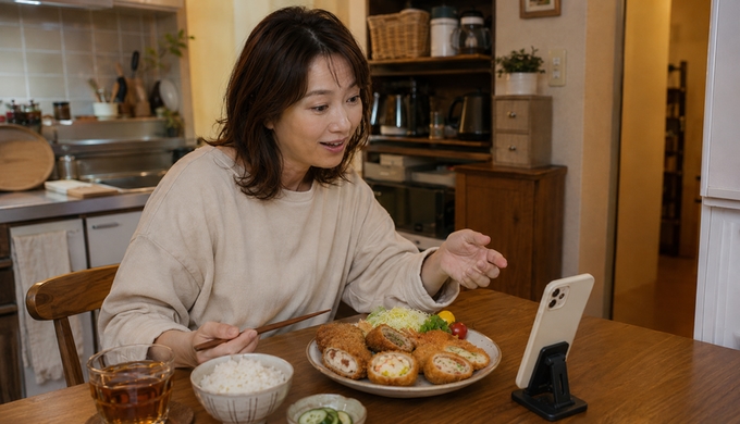 食卓の数種類のフライを前に、スマートフォンで通話しながら感想を話している人。