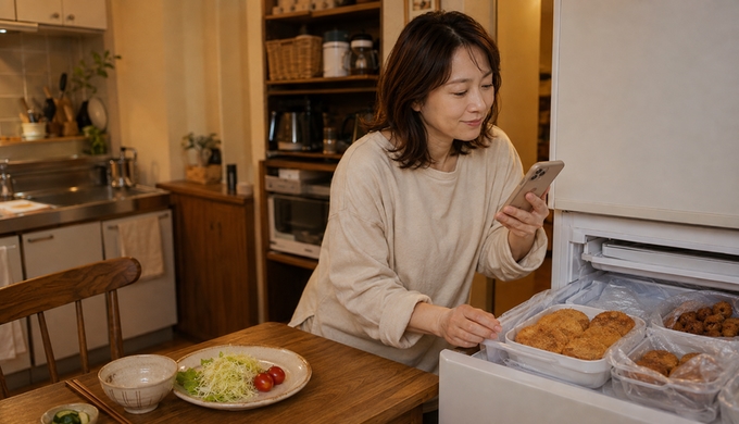 スマートフォンを見ながら、冷凍庫に残ったフライから次に食べるものを選んでいる人。