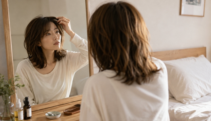 朝の鏡の前で、髪を整える前に起きた直後の髪の状態を見ている人物。