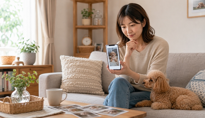 スマホに表示したペットの写真を見ながら、ケースにしたい一枚を選んでいる人物。