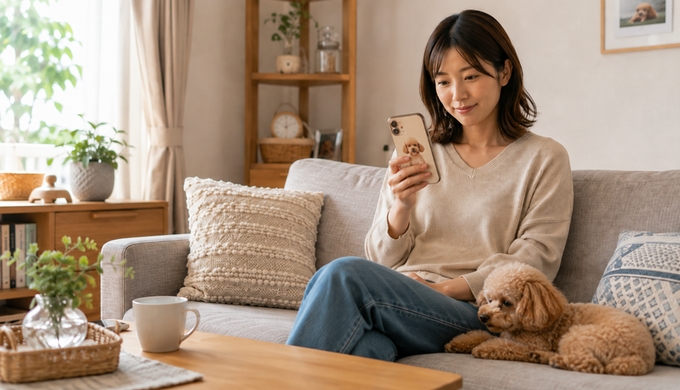 ペットの似顔絵が入ったスマホケースを装着したスマホを、自宅で手にしている人物。