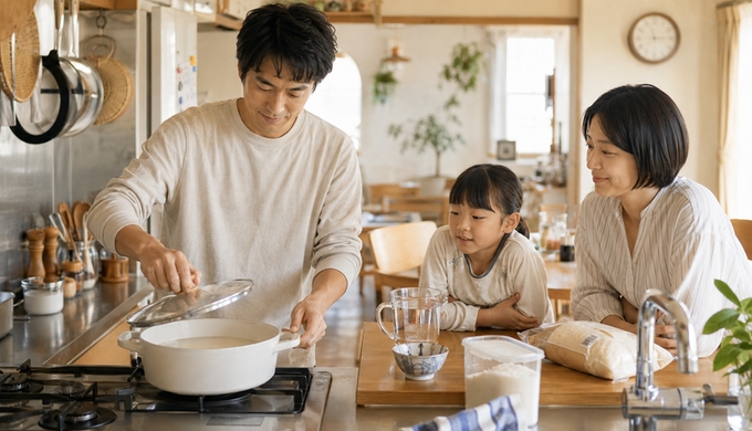 キッチンでお米と水を入れた両手鍋をコンロに置き、家族が炊飯を始めようとしている。