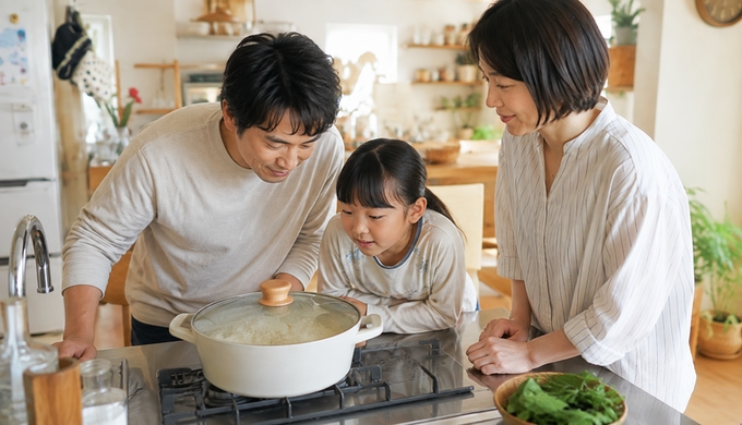 コンロの両手鍋を囲み、ガラス蓋越しに炊き上がっていくご飯を家族でのぞいている。