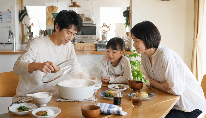 食卓で両手鍋のガラス蓋を開け、立ちのぼる湯気と炊きたてのご飯を家族で見ている。