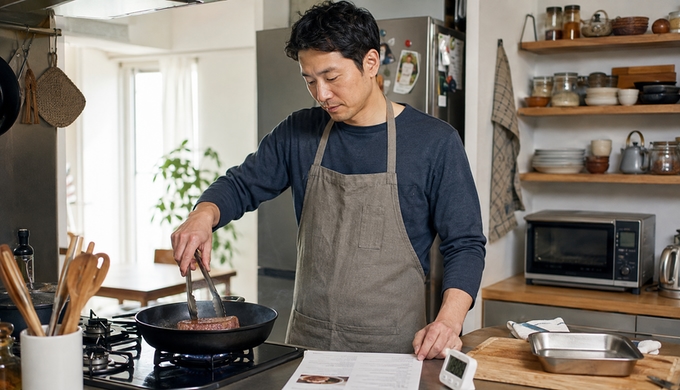 自宅のキッチンでレシピと時間を確認しながら、フライパンでステーキを焼いている人物。