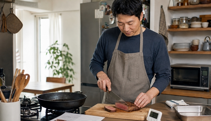 まな板の上で焼いたステーキに包丁を入れ、ミディアム・レアの断面を見ている人物。