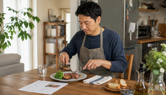 自宅の食卓で、切り分けたステーキを皿に盛って食べている人物。