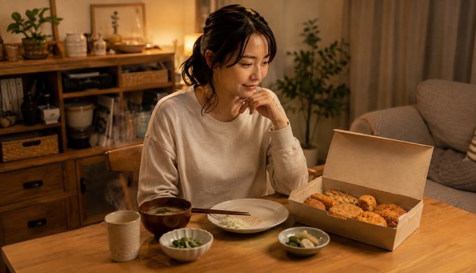 食べ終えた皿のそばで、人物が箱に残った複数種類のフライを見比べている。