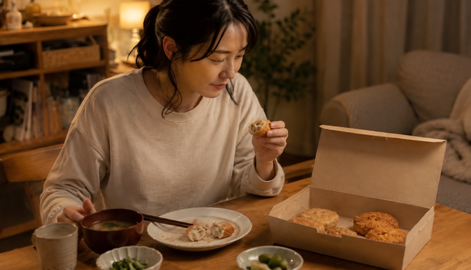 自宅の食卓で、人物が切り分けたフライの中身を確かめながら、箱に残った別種類のフライと食べ比べている。