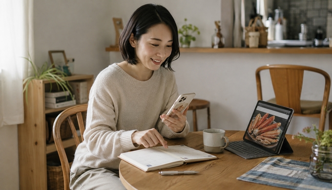 自宅の食卓でスマートフォンと予定表を見ながら、カニを食べる日を決めている人物。