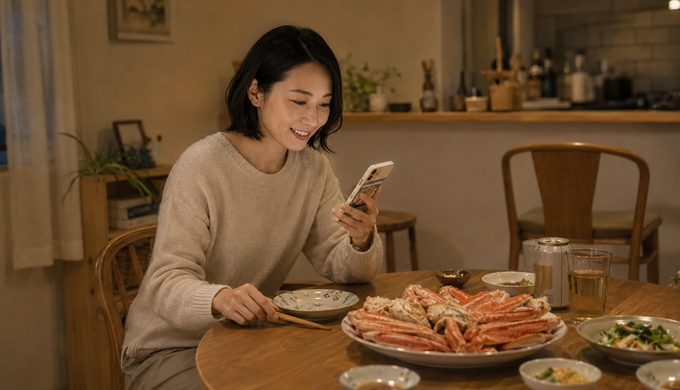 カニが並ぶ自宅の食卓で、スマートフォンを見ながら食事をしている人物。