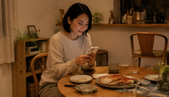 食べ終えたカニの皿が残る食卓で、スマートフォンのやり取りを見返している人物。