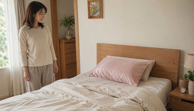寝具を買い替えず、枕だけ“つやっとした色”に着替えてみる