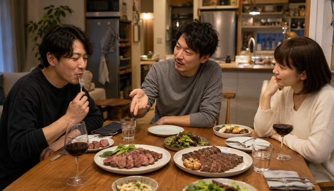 自宅の食卓で3人が二種類のステーキを食べ比べながら会話している。
