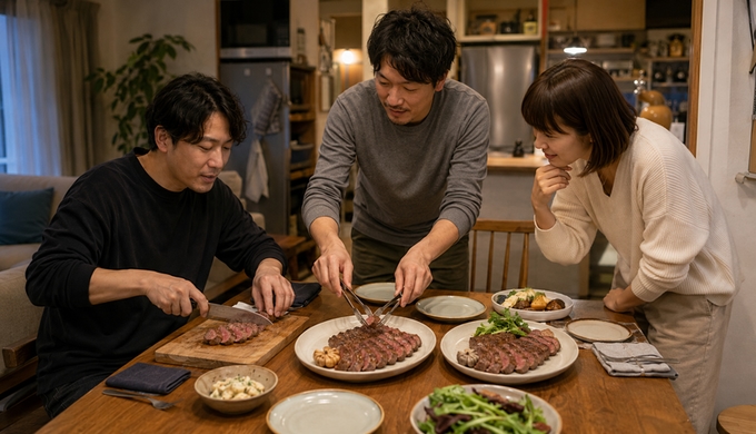 自宅の食卓で二種類のステーキを切り分け、食べ比べるために皿へ並べている。
