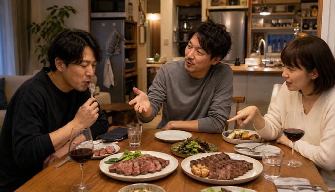 食卓で3人が二種類のステーキをひと口ずつ食べ比べながら感想を話している。