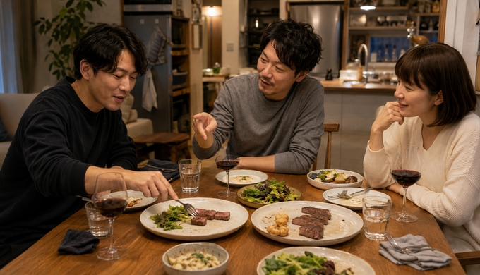 食事が進んだ食卓で、3人が残った二種類のステーキから好みの一切れを選んでいる。