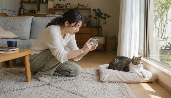 猫と同じくらいの目線まで姿勢を下げ、スマホを構えて撮影している人。