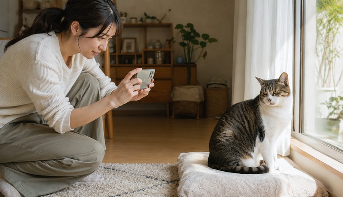 窓辺で少し横を向いて座る猫の自然な表情をスマホで撮影している人。