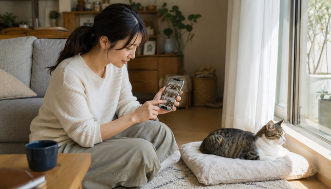 猫のそばに座り、スマホに並んだ複数の猫の写真を見返している人。