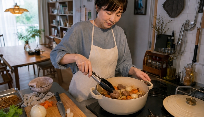 キッチンのコンロで、鍋の中の肉と野菜に焼き目をつけている人物。