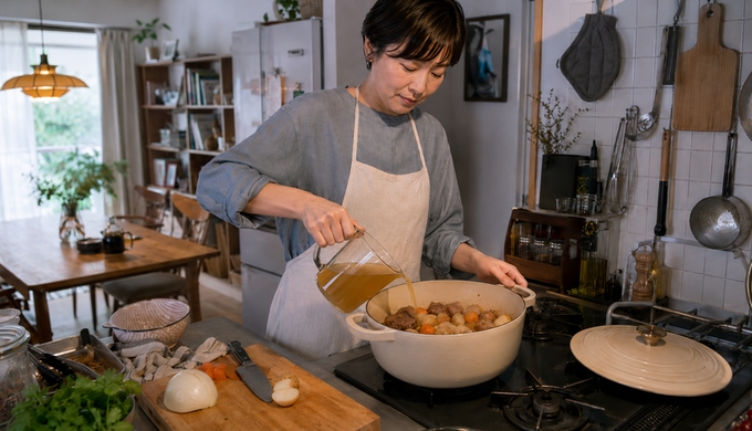 焼いた肉と野菜が入った鍋に、人物がスープを注いでいるところ。
