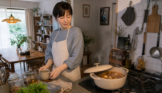 煮込み料理が入った鍋を火にかけながら、そばで飲み物を用意している人物。