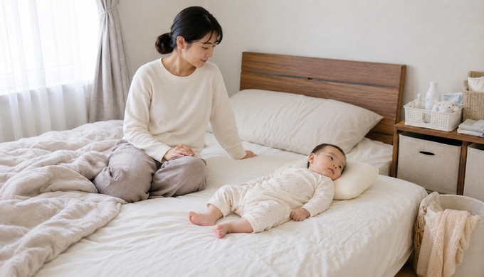 寝室で枕に寝かせた赤ちゃんの顔の向きや頭の位置を、保護者が少し離れて見ている。