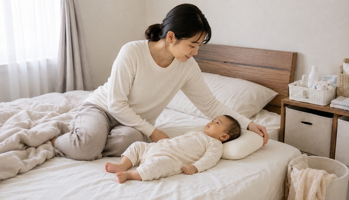 赤ちゃんを枕に寝かせたまま、保護者が枕の端に手を添えて位置を調整している。