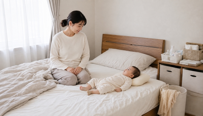 枕に寝かせた赤ちゃんを、そばに座った保護者が手を離して見守っている。