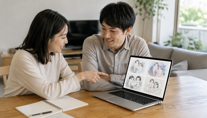 結婚式の準備で、ふたりの「似顔絵のテイスト」を一緒に決める