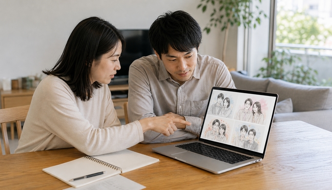 ふたりがノートパソコンの画面をのぞき込み、テイストの異なる似顔絵作品を比べている。