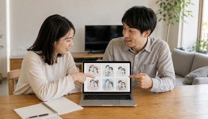 ふたりがノートパソコンに表示された別々の似顔絵作品を指しながら話している。