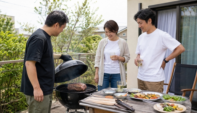 庭のBBQグリルで大きな一枚肉を焼きながら、3人がその様子を囲んで見ている。