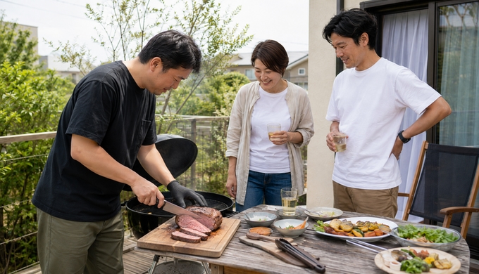 焼き上がった大きな肉をまな板の上で切り分け、周囲の2人がその様子を見ている。