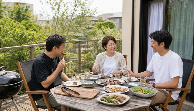 庭のテーブルで切り分けた肉を皿に取り、3人が食事をしながら会話している。