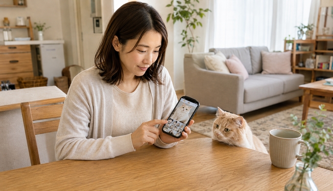 スマホの写真フォルダから猫のお気に入り写真を選んでいる人物。
