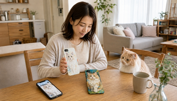 同じ猫をやわらかな表現と鮮やかな表現で描いた2種類のスマホケースを見比べる人物。
