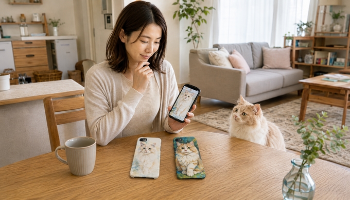 元の猫写真と2種類のスマホケースを見比べながら仕上がりを選ぶ人物。