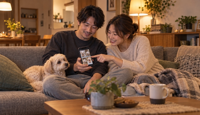 ソファに座った二人が、スマホに並ぶ愛犬の写真を見ながら一枚を指さして選んでいる。