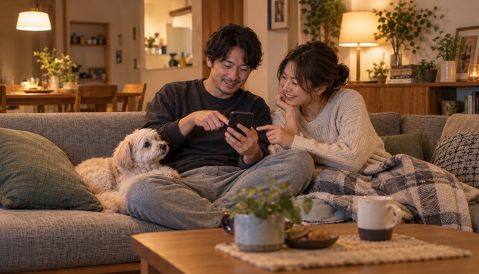 愛犬のそばで、二人がスマホの昔の写真を見ながら話している。