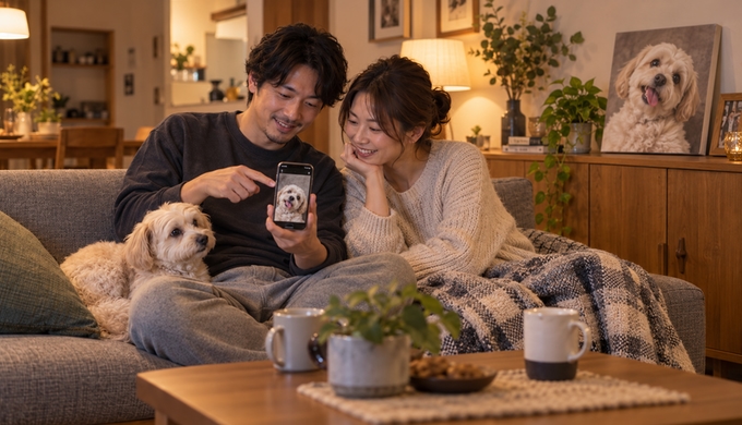 二人がスマホに表示した愛犬の写真と、そばに置かれた愛犬の似顔絵キャンバスを見比べている。