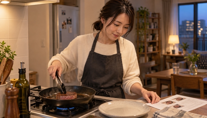自宅のキッチンで、焼き方を確認しながらフライパンでヒレステーキを焼いている人物。