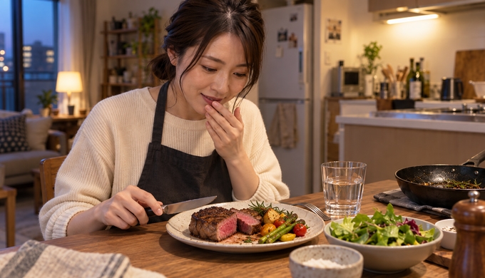 食卓で焼き上がったヒレステーキを切り、ミディアム・レアの断面を見ている人物。