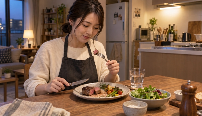 自宅の食卓で、切り分けたヒレステーキを食べながら夕食を楽しんでいる人物。