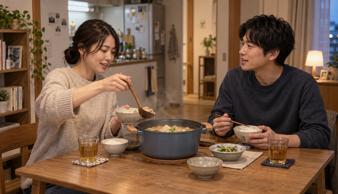 できたてを鍋ごと真ん中へ。平日の夕食を「取り分ける食卓」にする