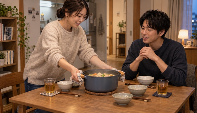 一人が料理の入った鍋を、食器の並んだ食卓の中央へ置こうとしている様子。