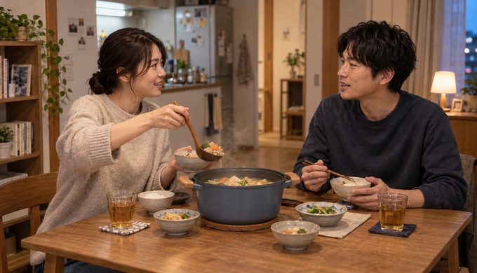 二人が会話しながら、食卓中央の鍋からそれぞれ料理を取り分けている様子。