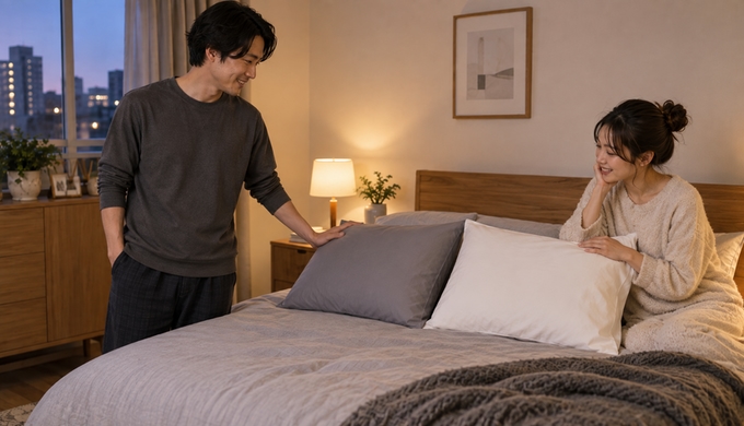 グレーとホワイトの枕カバーをかけた二つの枕がベッドに並び、二人がそれぞれの枕に手を添えて見ている。